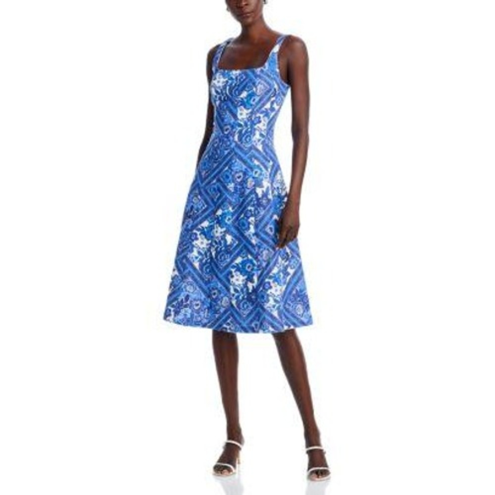 NWT Avec Les Filles Paneled Midi Swing Dress In Blue Lolita Patchwork S